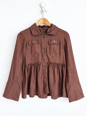 Coupé Collection Brown Linen Ruffle Peplum Jacket Coastal Grandma 6